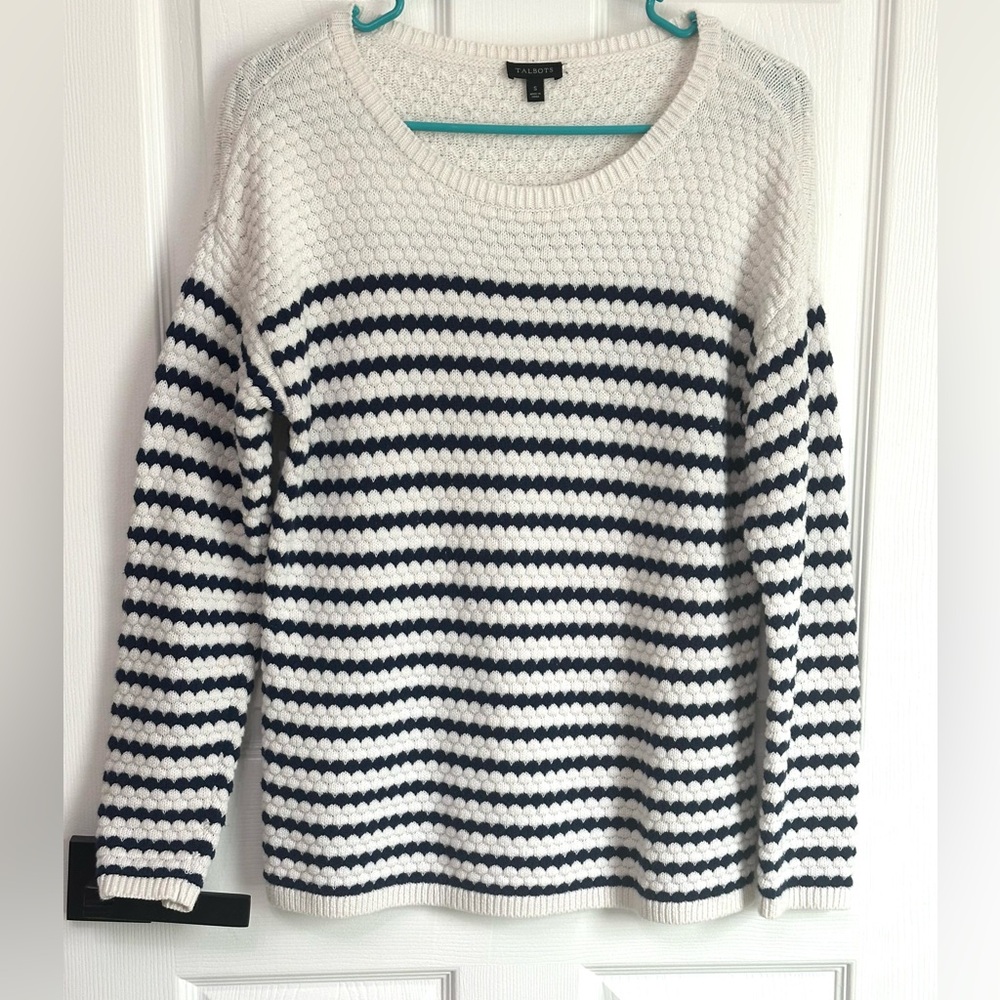 Talbots navy blue and white striped sweater Top Pullover Size S Cotton Blend